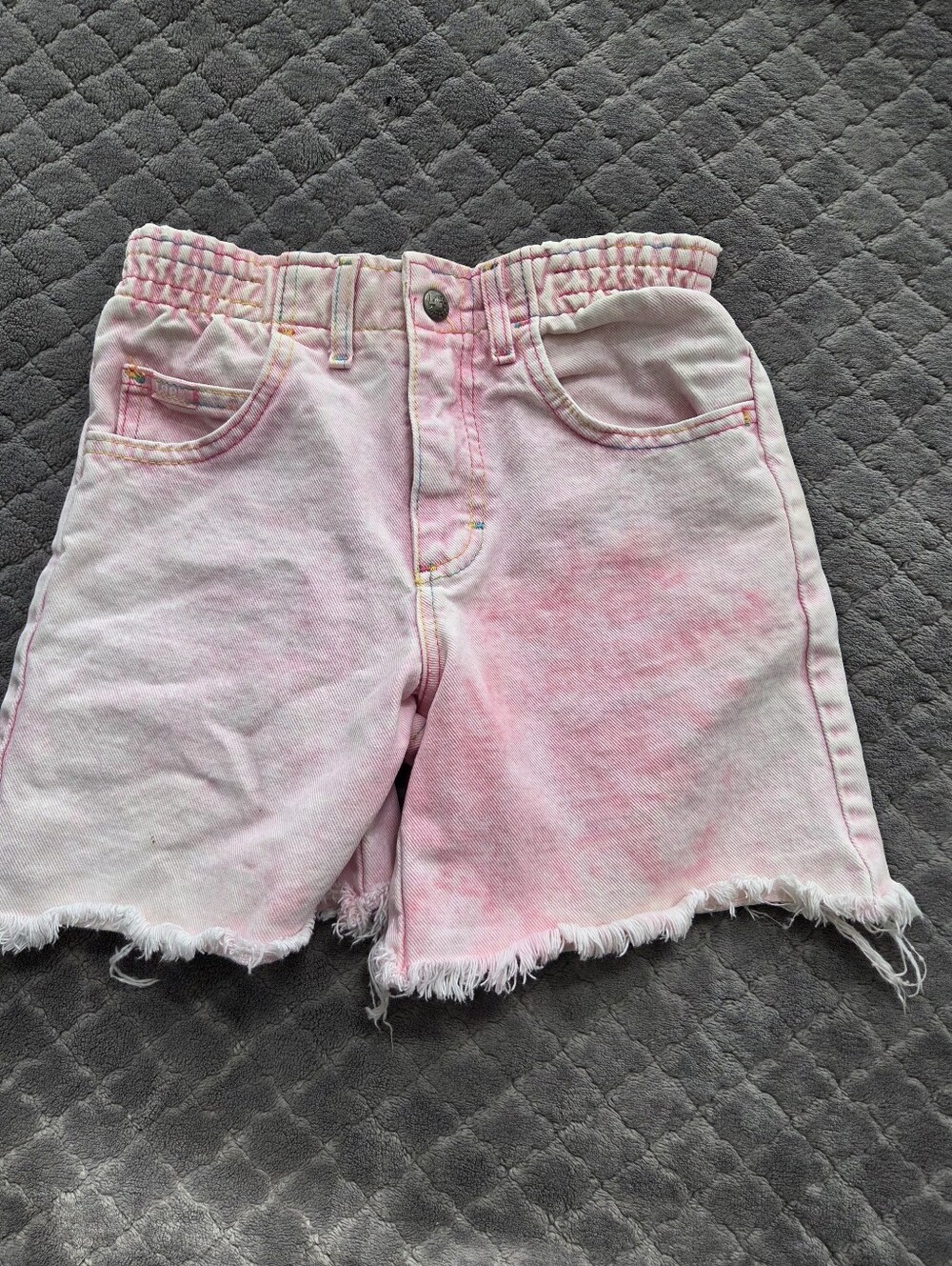 Vintage 90s Lee Riders Kids Denim Shorts High Waist Pink Acid Wash Rainbow Stitc